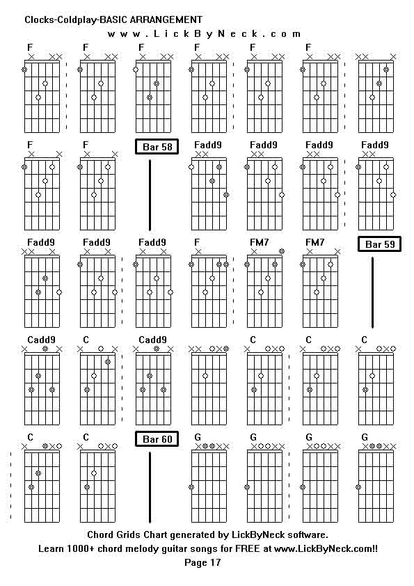 Chord Grids Chart of chord melody fingerstyle guitar song-Clocks-Coldplay-BASIC ARRANGEMENT,generated by LickByNeck software.